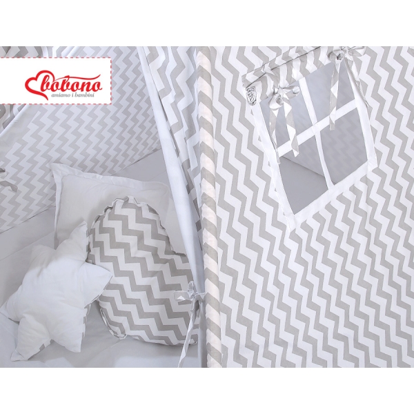 Set: Tipi-tent Speelkleed Kussens  GRATIS decoratieve veren Grijs Zigzag
