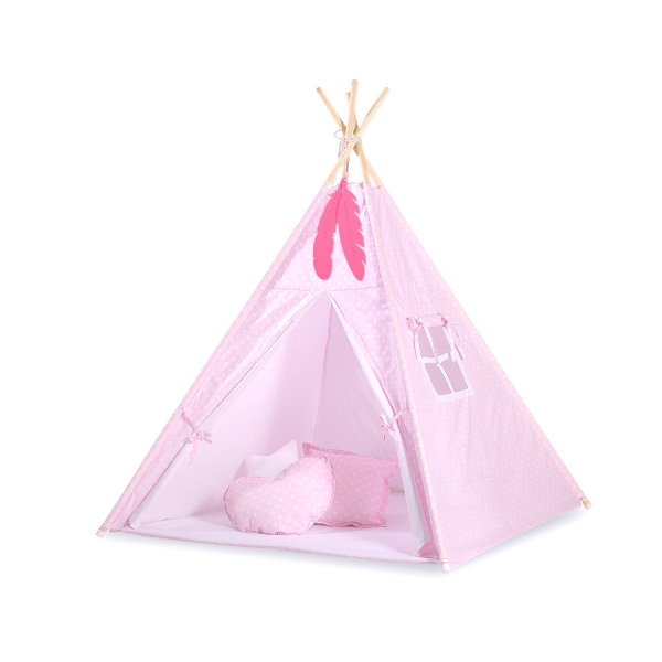 Set: Tipi-tent Speelkleed Kussens  GRATIS decoratieve veren Roze Polkaprikker