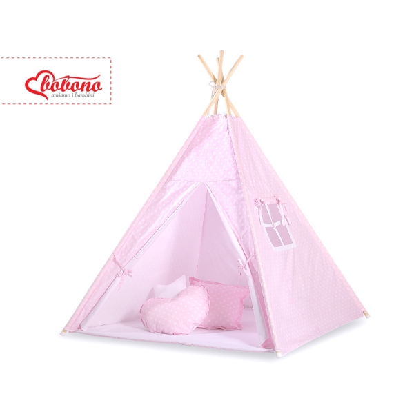 Set: Tipi-tent Speelkleed Kussens  GRATIS decoratieve veren Roze Polkaprikker