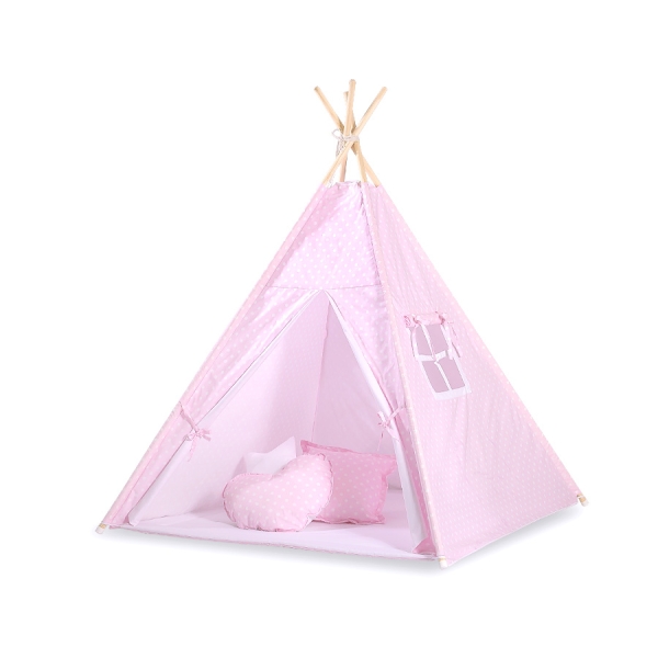 Set: Tipi-tent Speelkleed Kussens  GRATIS decoratieve veren Roze Polkaprikker