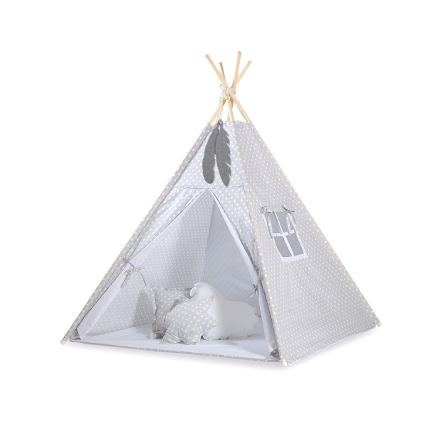Set: Tipi-tent Speelkleed Kussens Grijs Polkaprikker