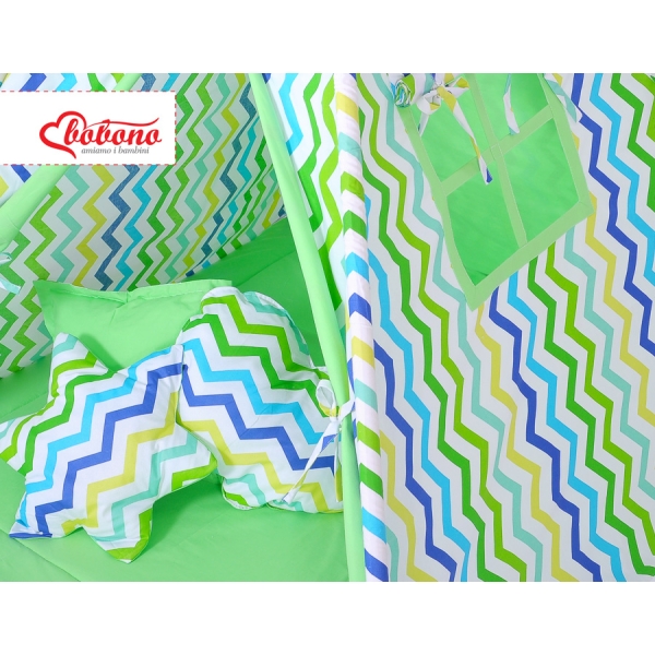 Set: Tipi-tent Speelkleed Kussens Groen Blauw Zigzag