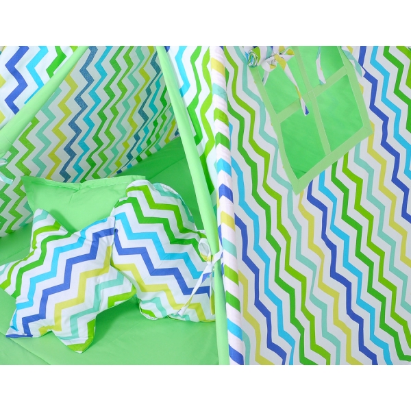 Set: Tipi-tent Speelkleed Kussens Groen Blauw Zigzag