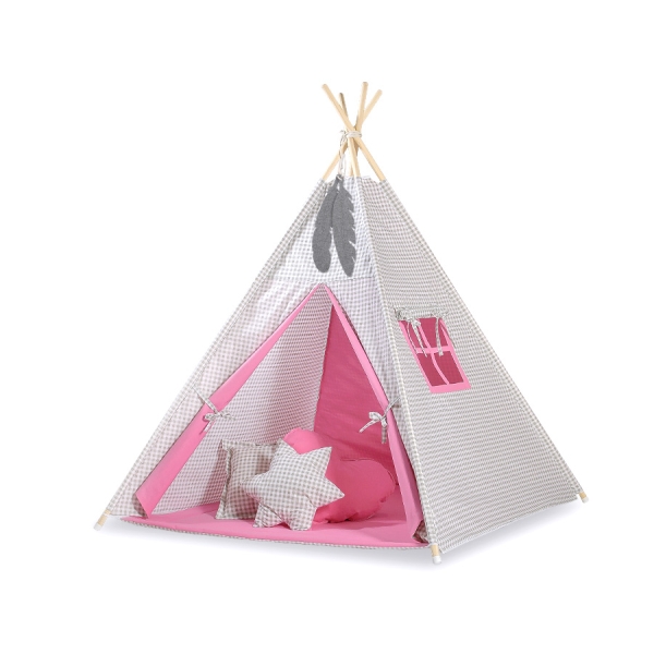 Set: Tipi-tent Speelkleed Kussens Roze Grijs Geruit