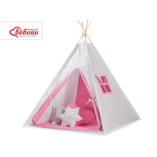 Set: Tipi-tent Speelkleed Kussens Roze Grijs Geruit