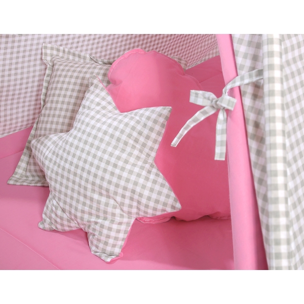 Set: Tipi-tent Speelkleed Kussens Roze Grijs Geruit