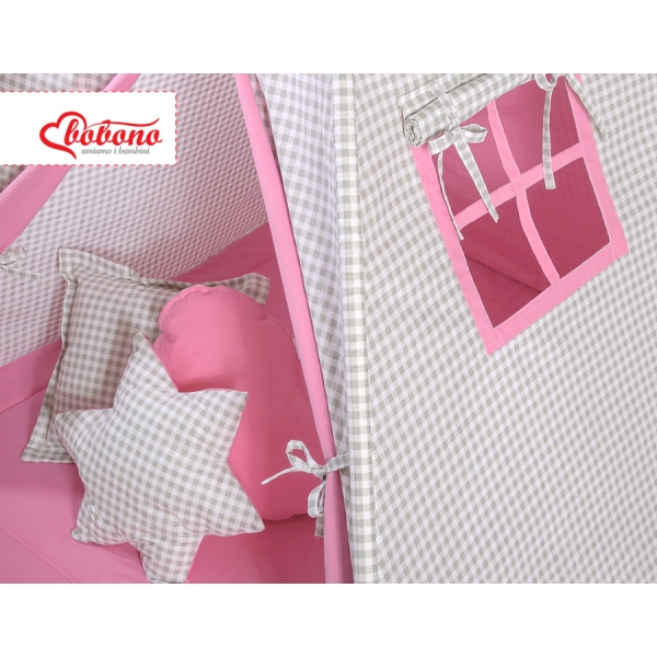 Set: Tipi-tent Speelkleed Kussens Roze Grijs Geruit