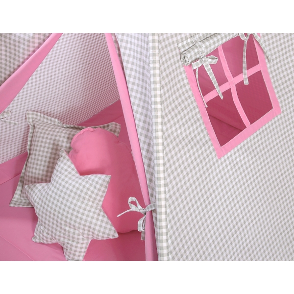 Set: Tipi-tent Speelkleed Kussens Roze Grijs Geruit
