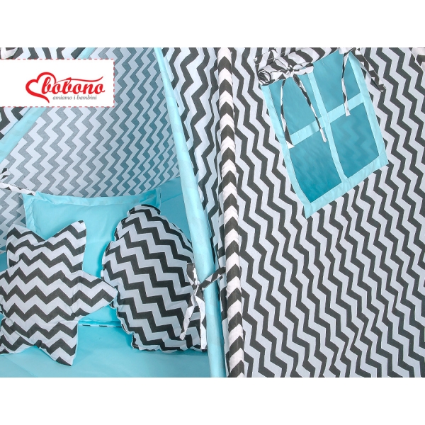 Set: Tipi-tent Speelmat  Kussens Zwart Blauw Zigzag