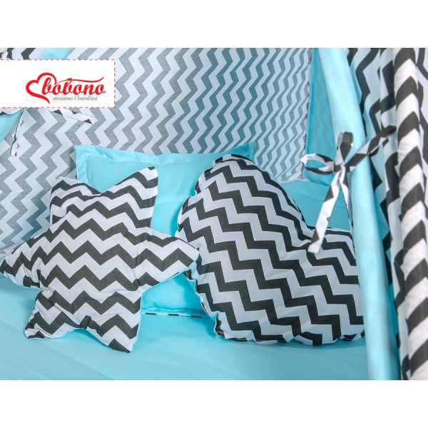 Set: Tipi-tent Speelmat  Kussens Zwart Blauw Zigzag