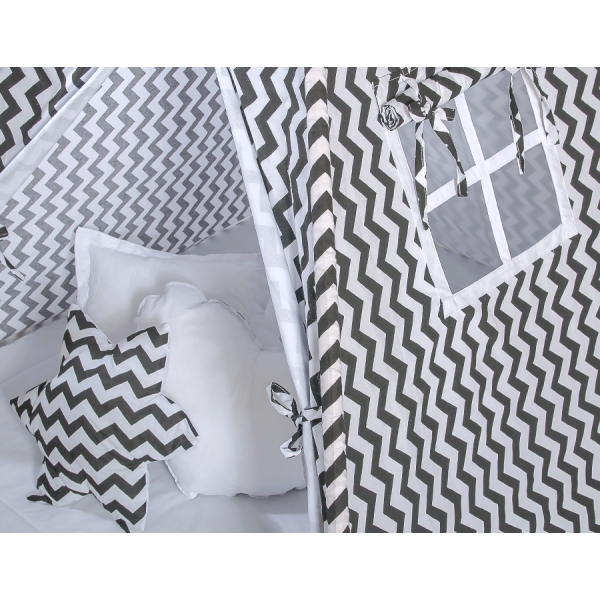 Set: Tipi-tent Speelmat  Kussens Zwart Zigzag