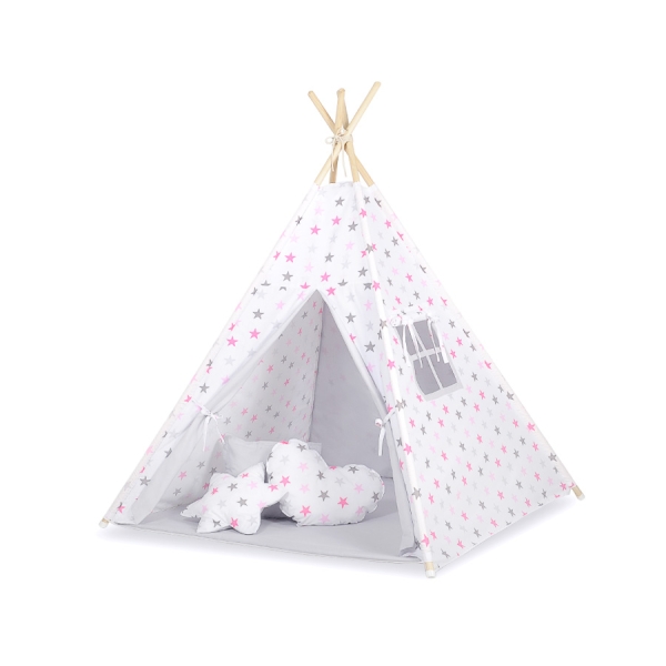 Set: Tipi-tent Speelmat   Roze Grijs Sterren