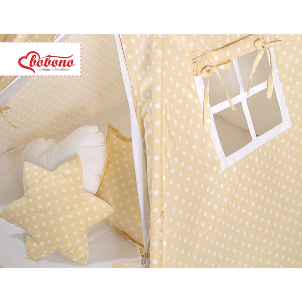 MEGA TIPI SET: Tipi-tent + speelmat + kussens + GRATIS decoratieve veren Beige Polkaprikker