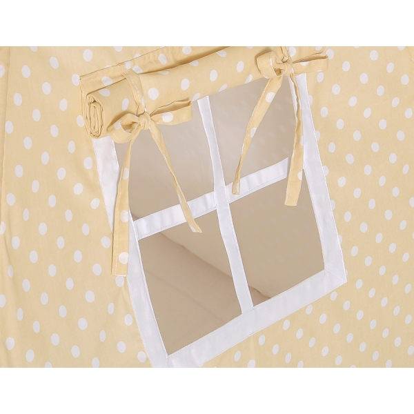 MEGA TIPI SET: Tipi-tent + speelmat + kussens + GRATIS decoratieve veren Beige Polkaprikker