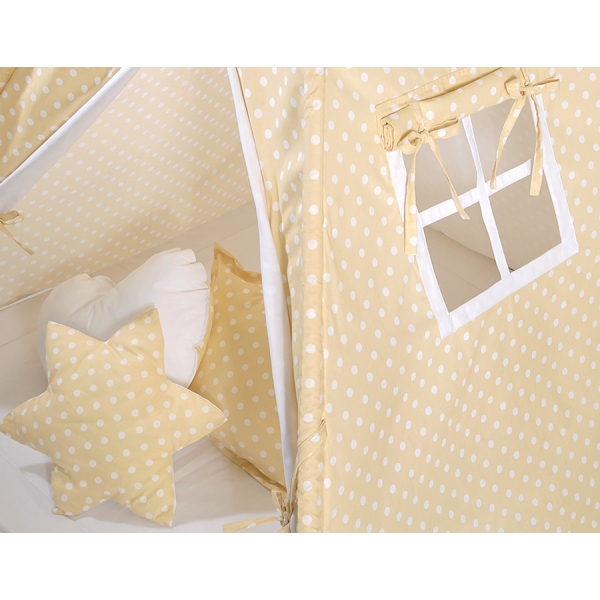 MEGA TIPI SET: Tipi-tent + speelmat + kussens + GRATIS decoratieve veren Beige Polkaprikker