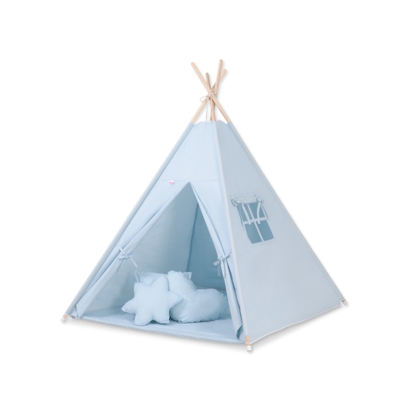 MEGA TIPI SET: Tipi-tent + speelmat + kussens + GRATIS decoratieve veren Blauw