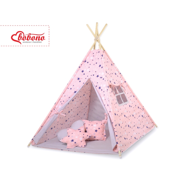 MEGA TIPI SET: Tipi-tent + speelmat + kussens + GRATIS decoratieve veren Blauw Roze Grijs Sterren