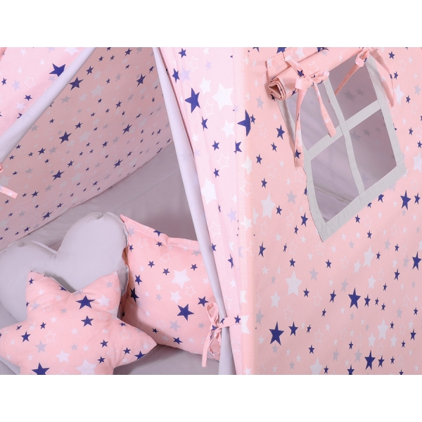 MEGA TIPI SET: Tipi-tent + speelmat + kussens + GRATIS decoratieve veren Blauw Roze Grijs Sterren