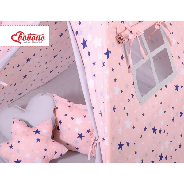 MEGA TIPI SET: Tipi-tent + speelmat + kussens + GRATIS decoratieve veren Blauw Roze Grijs Sterren