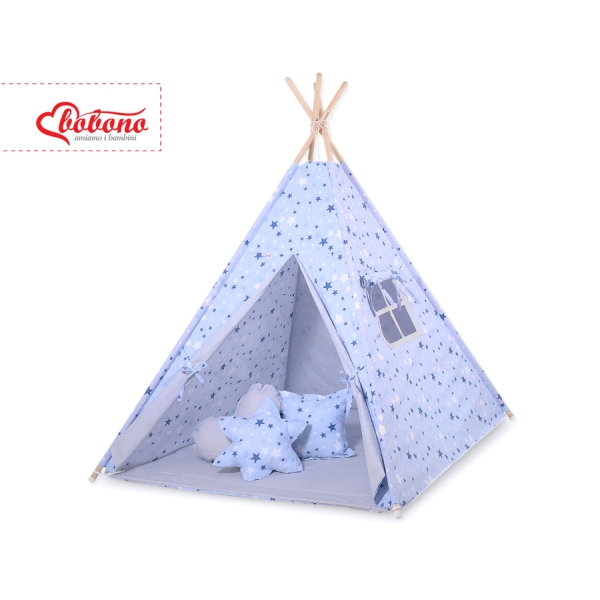MEGA TIPI SET: Tipi-tent + speelmat + kussens + GRATIS decoratieve veren Blauw Sterren