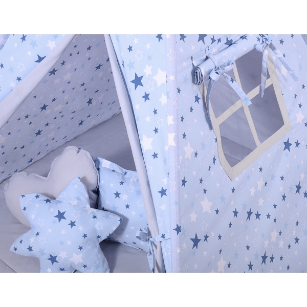 MEGA TIPI SET: Tipi-tent + speelmat + kussens + GRATIS decoratieve veren Blauw Sterren