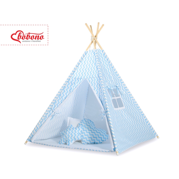 MEGA TIPI SET: Tipi-tent + speelmat + kussens + GRATIS decoratieve veren Blauw Zigzag