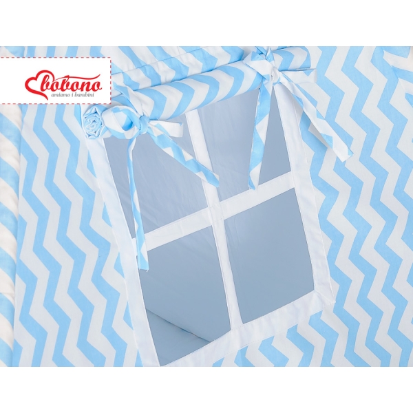 MEGA TIPI SET: Tipi-tent + speelmat + kussens + GRATIS decoratieve veren Blauw Zigzag