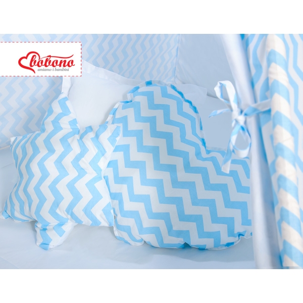 MEGA TIPI SET: Tipi-tent + speelmat + kussens + GRATIS decoratieve veren Blauw Zigzag