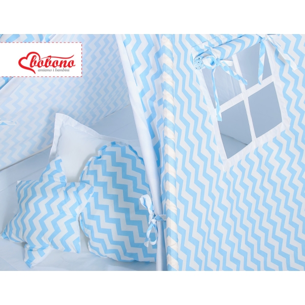 MEGA TIPI SET: Tipi-tent + speelmat + kussens + GRATIS decoratieve veren Blauw Zigzag
