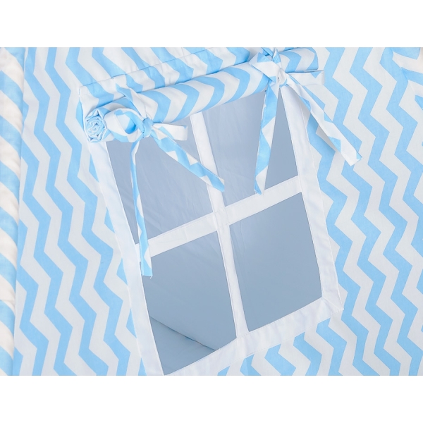 MEGA TIPI SET: Tipi-tent + speelmat + kussens + GRATIS decoratieve veren Blauw Zigzag