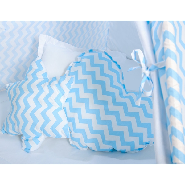 MEGA TIPI SET: Tipi-tent + speelmat + kussens + GRATIS decoratieve veren Blauw Zigzag