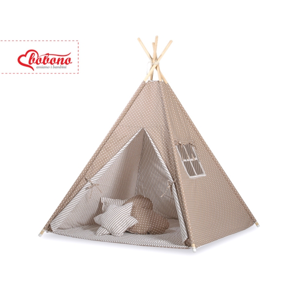 MEGA TIPI SET: Tipi-tent + speelmat + kussens + GRATIS decoratieve veren Bruin Polkaprikker
