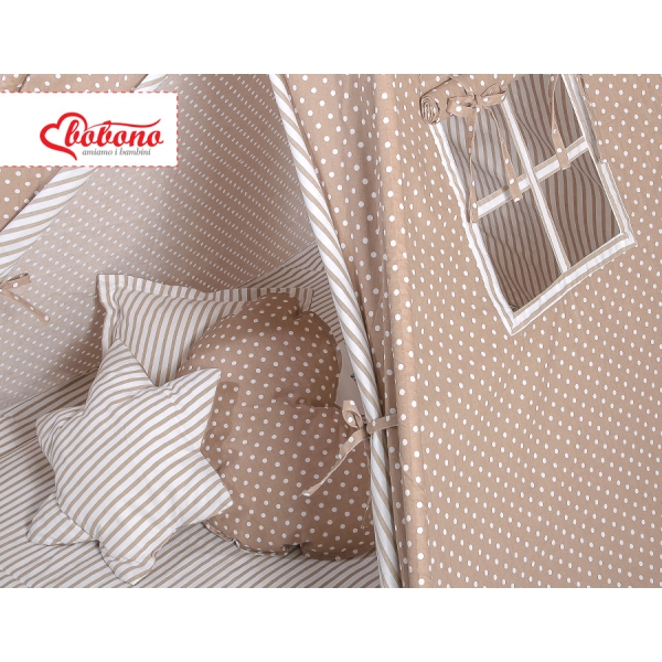 MEGA TIPI SET: Tipi-tent + speelmat + kussens + GRATIS decoratieve veren Bruin Polkaprikker