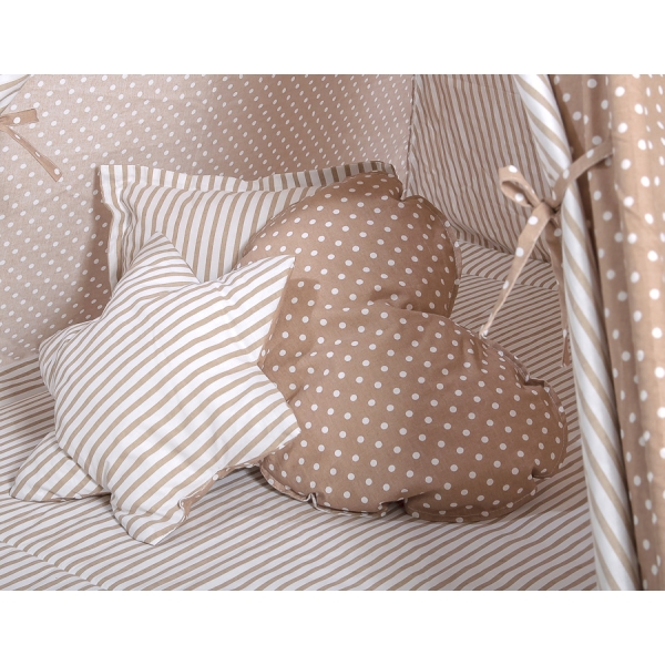 MEGA TIPI SET: Tipi-tent + speelmat + kussens + GRATIS decoratieve veren Bruin Polkaprikker