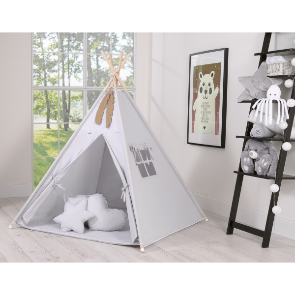 MEGA TIPI SET: Tipi-tent + speelmat + kussens + GRATIS decoratieve veren Grijs