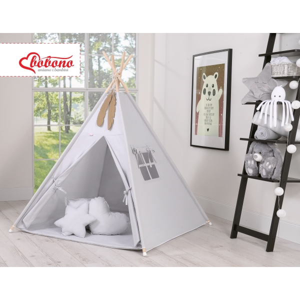 MEGA TIPI SET: Tipi-tent + speelmat + kussens + GRATIS decoratieve veren Grijs