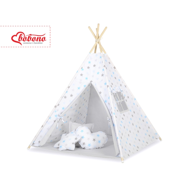 MEGA TIPI SET: Tipi-tent + speelmat + kussens + GRATIS decoratieve veren Grijs Blauw Sterren