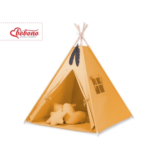MEGA TIPI SET: Tipi-tent + speelmat + kussens + GRATIS decoratieve veren Honing Mosterd