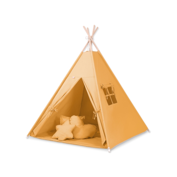 MEGA TIPI SET: Tipi-tent + speelmat + kussens + GRATIS decoratieve veren Honing Mosterd
