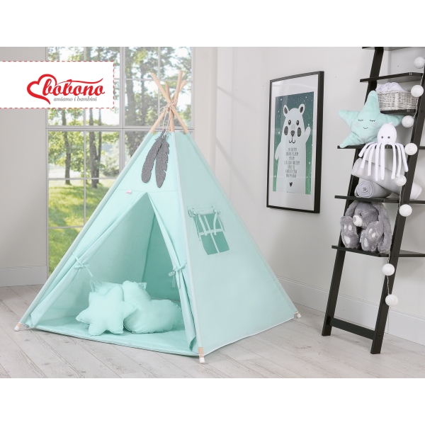 MEGA TIPI SET: Tipi-tent + speelmat + kussens + GRATIS decoratieve veren Mint