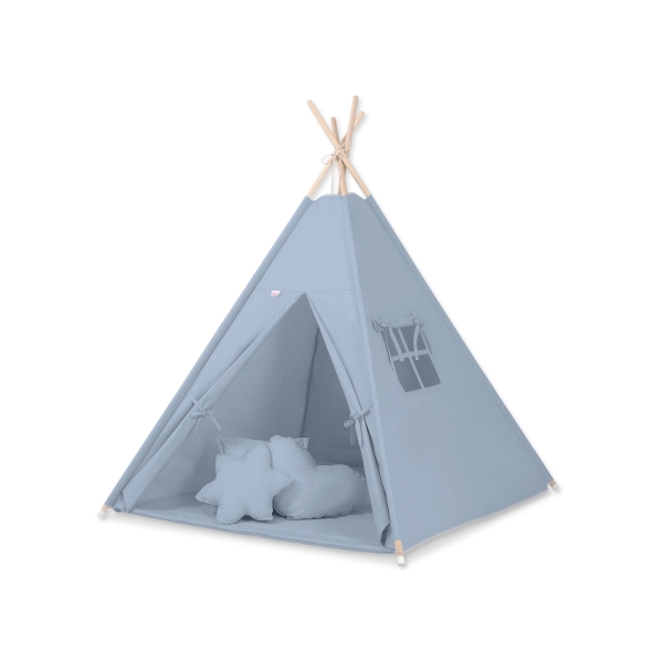 MEGA TIPI SET: Tipi-tent + speelmat + kussens + GRATIS decoratieve veren Pastelblauw