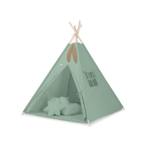 MEGA TIPI SET: Tipi-tent + speelmat + kussens + GRATIS decoratieve veren Pastelgroen