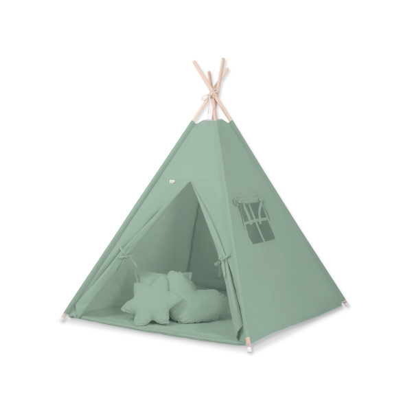 MEGA TIPI SET: Tipi-tent + speelmat + kussens + GRATIS decoratieve veren Pastelgroen