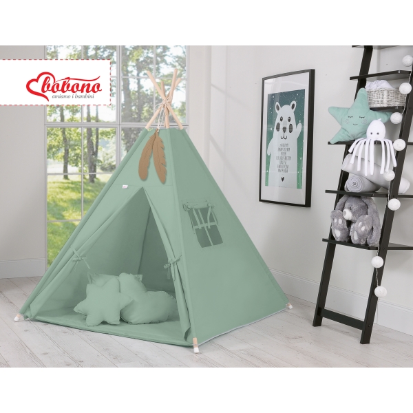 MEGA TIPI SET: Tipi-tent + speelmat + kussens + GRATIS decoratieve veren Pastelgroen