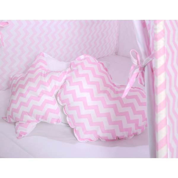 MEGA TIPI SET: Tipi-tent + speelmat + kussens + GRATIS decoratieve veren Roze Zigzag