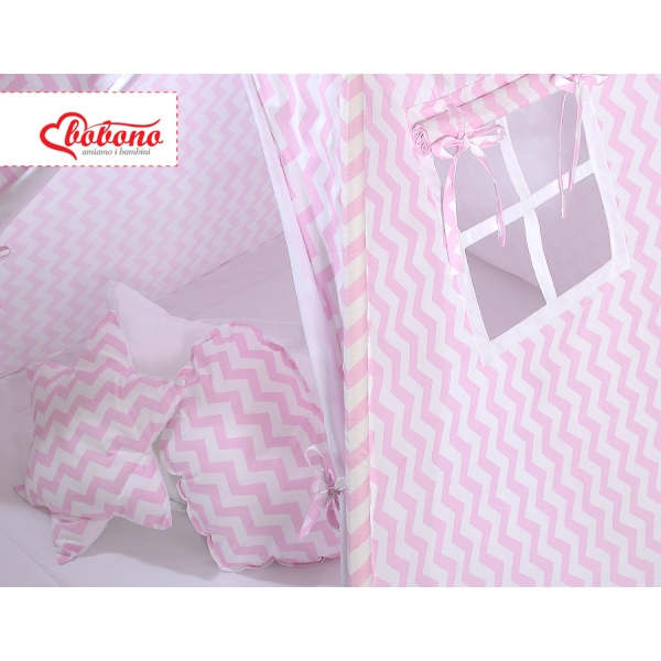 MEGA TIPI SET: Tipi-tent + speelmat + kussens + GRATIS decoratieve veren Roze Zigzag
