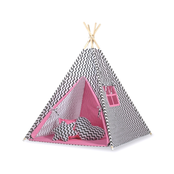 MEGA TIPI SET: Tipi-tent + speelmat + kussens + GRATIS decoratieve veren Roze Zwart Zigzag