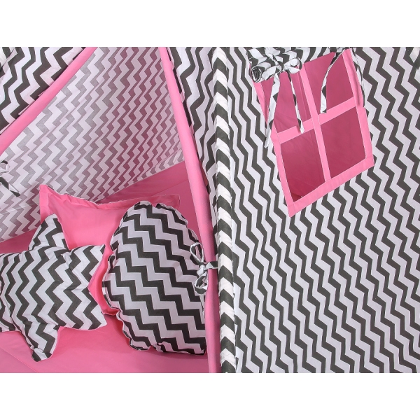 MEGA TIPI SET: Tipi-tent + speelmat + kussens + GRATIS decoratieve veren Roze Zwart Zigzag