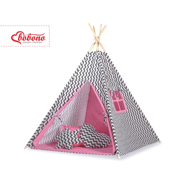 MEGA TIPI SET: Tipi-tent + speelmat + kussens + GRATIS decoratieve veren Roze Zwart Zigzag