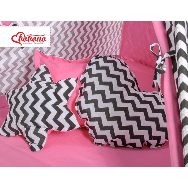 MEGA TIPI SET: Tipi-tent + speelmat + kussens + GRATIS decoratieve veren Roze Zwart Zigzag